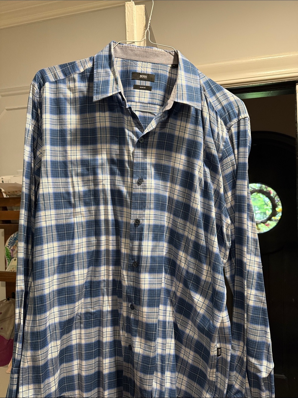 Boss Men's Blue and White Plaid Button-Down Shirt